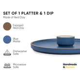 Large Round Ceramic Serving Platter, Blue - 1 Platter + 1 Dip Bowl, 75ml Japandi Series | Big Serving Plate Set With Matte Finish - Platters Serving Set | Ceramic Round Platter - Microwave Safe